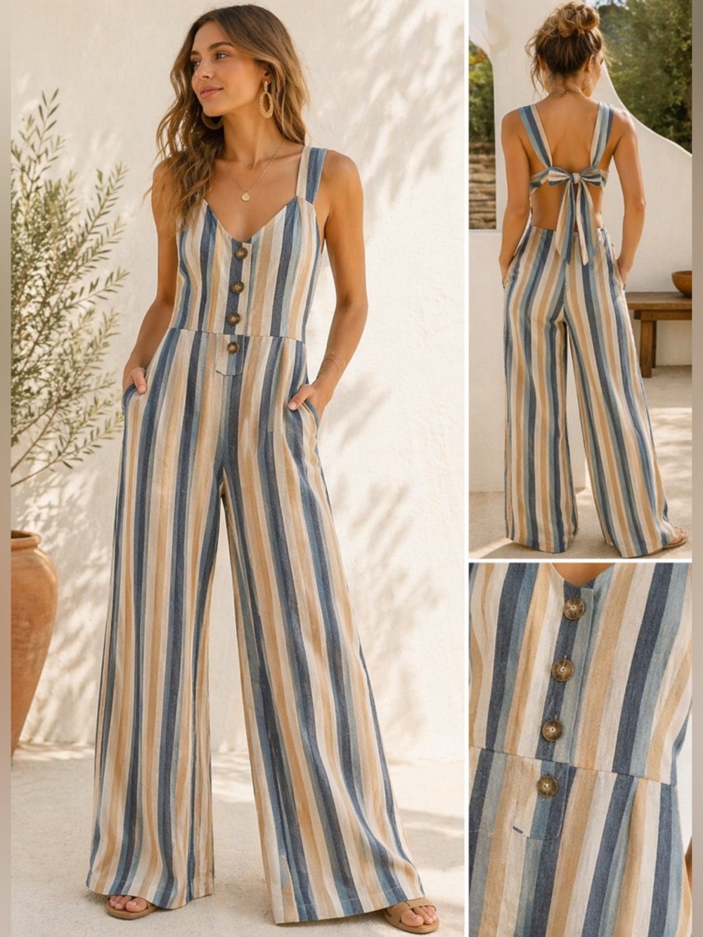 Knot Sisters Striped Linen Blend Wide Leg Jumpsuit Tie Back Boho NWT Small